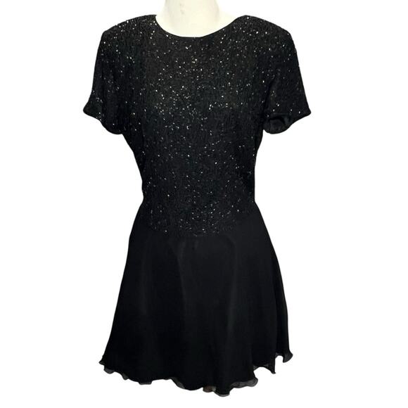 Vintage 90s Papell Boutique Dress 10P Black Beaded Silk Retro Glam Whimsygoth - Picture 1 of 16